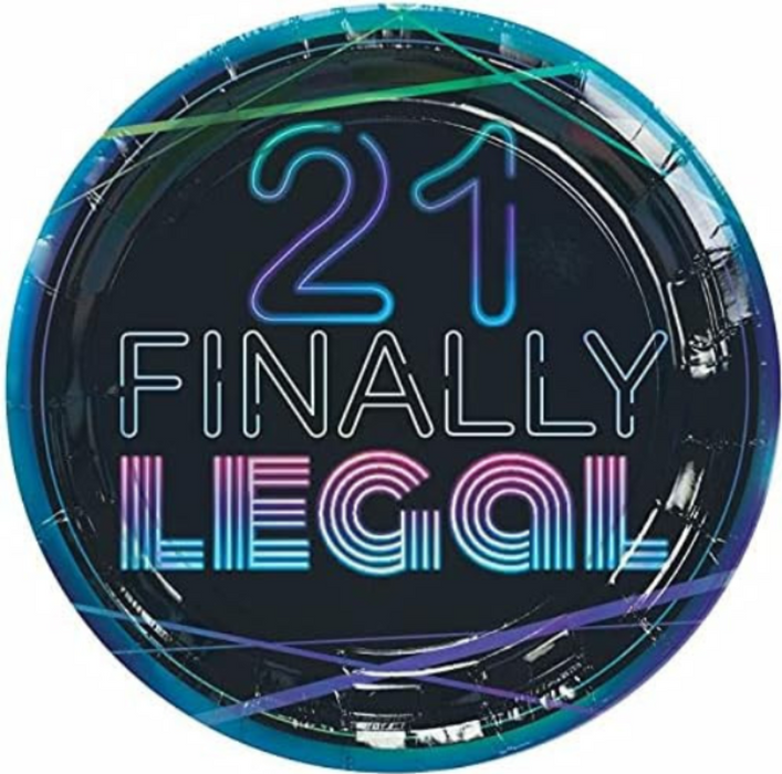Finally 21 paper plates featuring neon-style “21 Finally Legal” design in blue, purple, and pink lettering on a dark background, 9-inch size, 8-count pack.