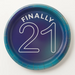 Round iridescent 21st birthday paper plates with a blue and teal gradient background and the text “FINALLY 21” in white, shown on a white background as a 7-inch 8-count pack.
