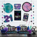 Assorted 21st birthday room decorating kit featuring wall signs, rosette fans, and cutouts with iridescent teal, purple, pink, and black designs reading “Finally Legal,” “Cheers to 21 Years,” and “Finally 21,” arranged on a white wall backdrop with coordinating table decorations.