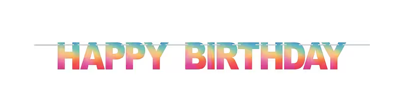 “HAPPY BIRTHDAY” banner with large block letters filled in a rainbow ombre gradient of pink, blue, teal, and orange, shown on a white background as a 1-count party decoration.
