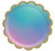 Round 7-inch paper plates with pastel ombré gradient in pink, blue, teal, and purple, featuring a metallic gold scalloped edge, shown on a white background.

