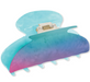 Acrylic hair claw clip with a marbled gradient design in teal, blue, purple, and pink tones featuring a spring hinge for securing hair in a decorative oversized clip style.
