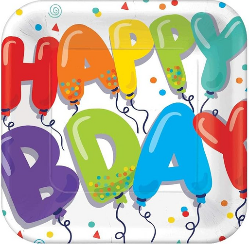 Birthday Balloons Square Plates, 7" | 18ct