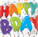 Square birthday paper plates featuring colorful balloon-style “HAPPY BDAY” lettering with confetti and curling ribbon accents on a white background.
