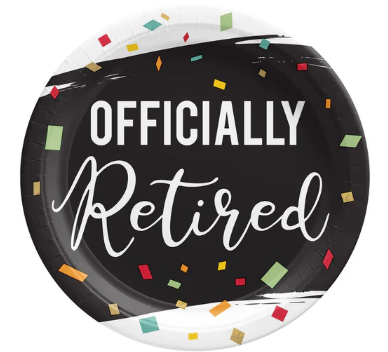 Round paper plates featuring a black center with white “Officially Retired” lettering and colorful confetti accents around the design on a white background for a retirement party.
