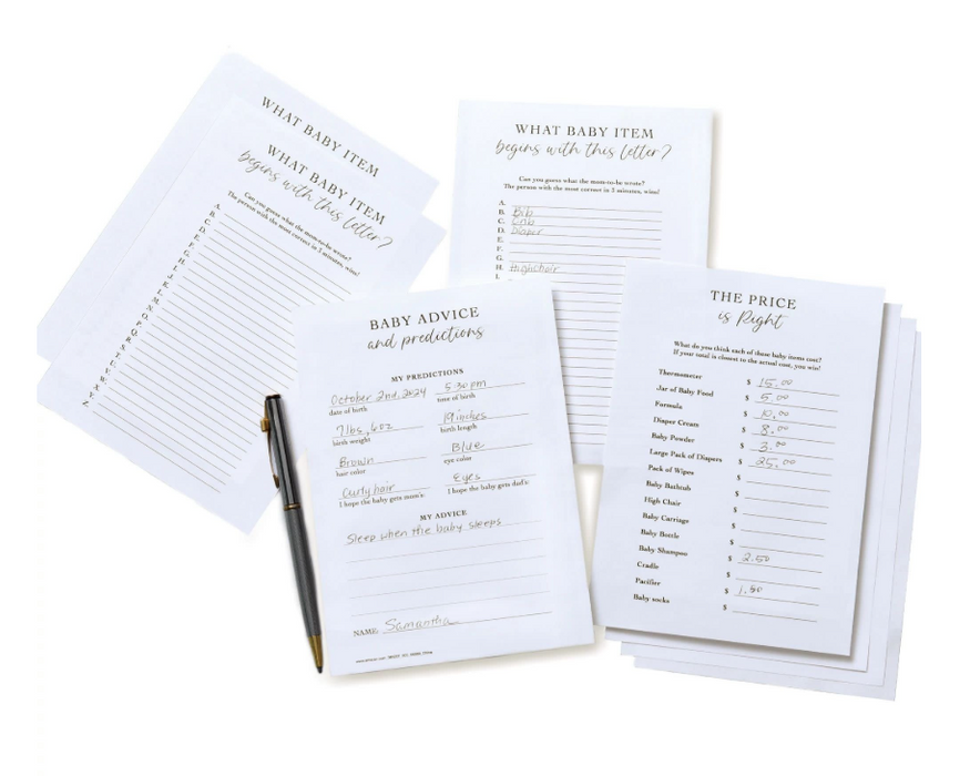 Set of three neutral baby shower game sheets shown with a pen, including baby advice and predictions, baby item alphabet game, and price guessing game, 75-count pack with 25 sheets per game.