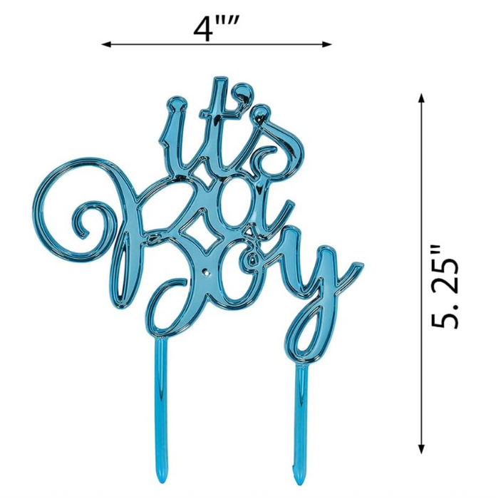 Blue “It’s A Boy” cake topper in shiny script lettering with two built-in picks, shown with size markings. (4 inch wide and 5.25 inch tall.)