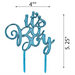 Blue “It’s A Boy” cake topper in shiny script lettering with two built-in picks, shown with size markings. (4 inch wide and 5.25 inch tall.)