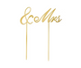 Two-piece gold cake topper set featuring a decorative ampersand and “Mrs” in script lettering with slim picks for wedding, bridal shower, or engagement cake decorating.
