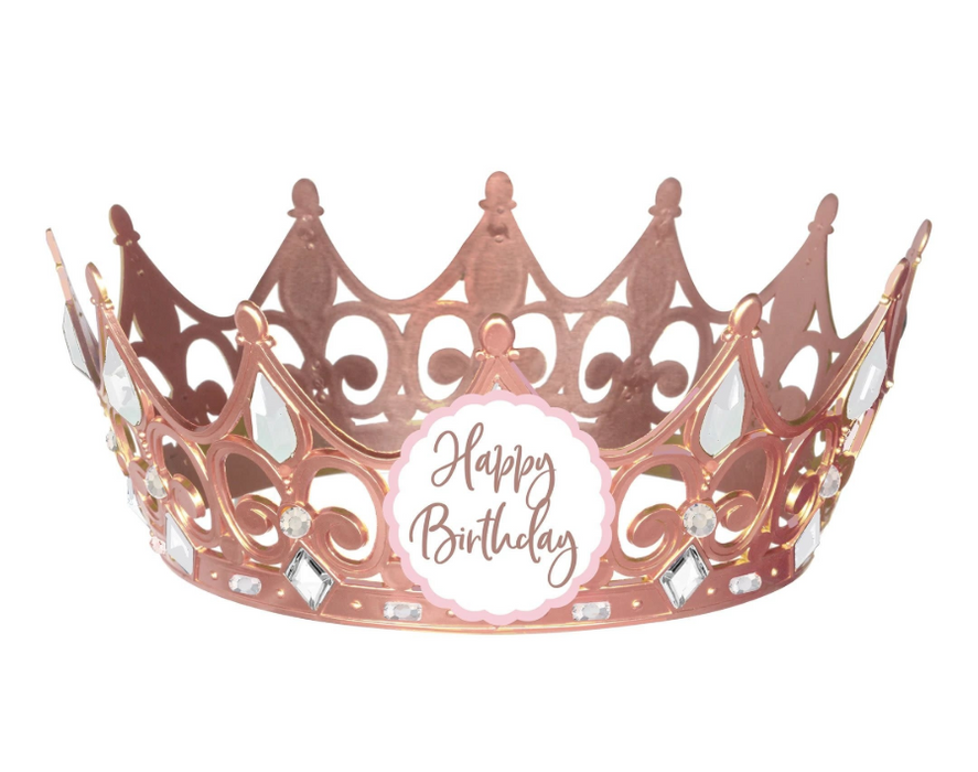 Rose gold birthday crown with decorative cutout details, faux gem accents, and a front medallion that reads “Happy Birthday,” shown on a white background as a 1-count party accessory.

