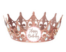 Rose gold birthday crown with decorative cutout details, faux gem accents, and a front medallion that reads “Happy Birthday,” shown on a white background as a 1-count party accessory.
