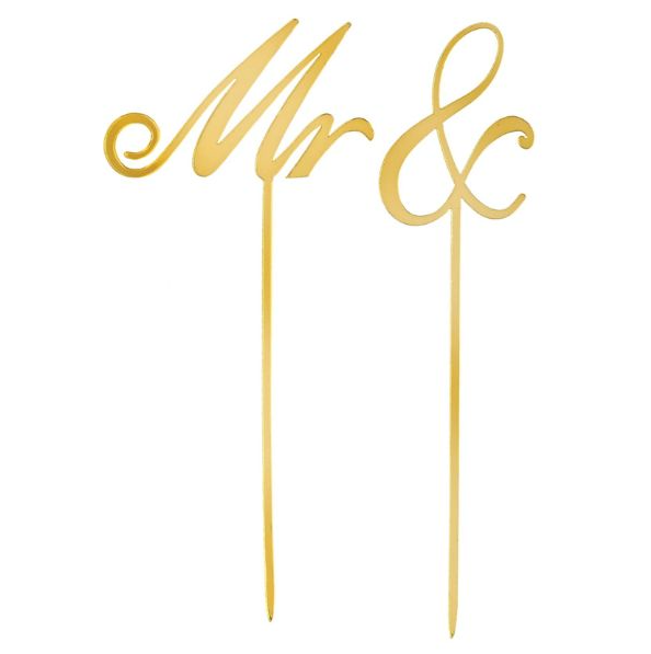 Two-piece gold cake topper set featuring “Mr” and a decorative ampersand in script lettering with slim picks for wedding, bridal shower, or engagement cake decorating.
