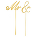 Two-piece gold cake topper set featuring “Mr” and a decorative ampersand in script lettering with slim picks for wedding, bridal shower, or engagement cake decorating.

