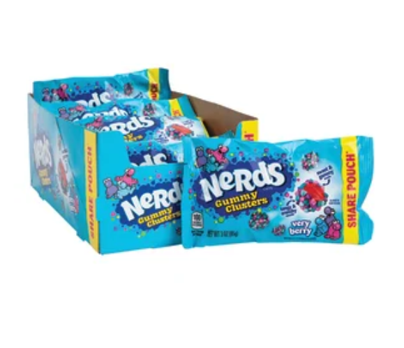 A box of Nerds Gummy Choices candy with several individual bags displayed in front on a plain white background.