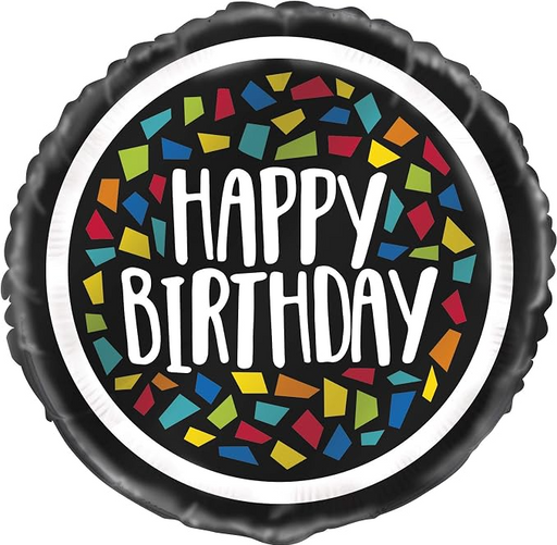 A round black foil balloon featuring the words 'HAPPY BIRTHDAY' in large white letters over a background of colorful confetti pieces.