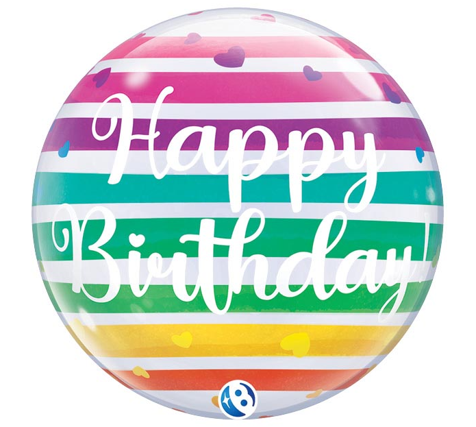 A 22-inch foil balloon shown inflated against a white background, printed with a birthday bright rainbow stripes bubble balloon | 1ct design.