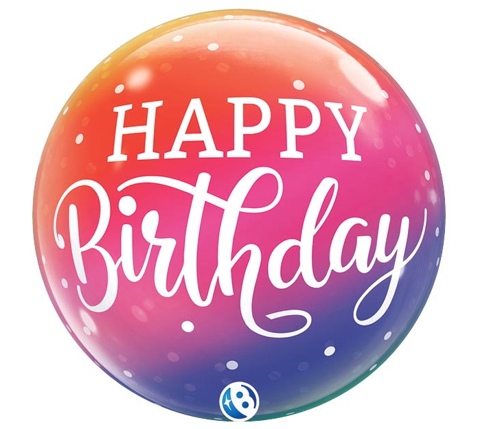 A 22-inch foil balloon shown inflated against a white background, printed with a birthday ombre & dots bubble balloon | 1ct design.