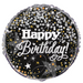 Round balloon with 'Happy Birthday!' text and star confetti on a black background