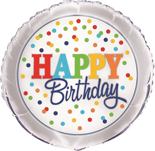 A round silver foil balloon featuring a white center printed with the words 'HAPPY Birthday' in colorful lettering and multicolored confetti dots.