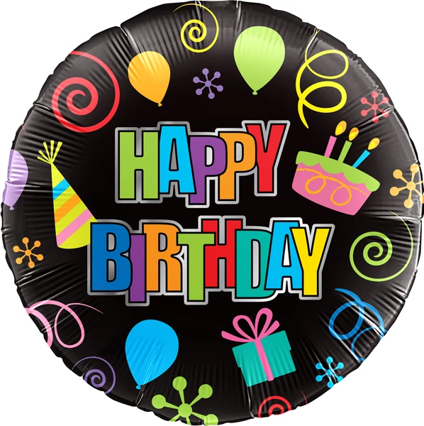 A round black foil balloon printed with 'HAPPY BIRTHDAY' in colorful block letters, surrounded by party-themed illustrations including balloons, swirls, a party hat, cake, gift, and confetti on a white background.