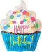 A cupcake-shaped foil balloon with white frosting topped with colorful confetti dots and the words 'HAPPY Birthday!' printed on it, shown on a plain white background.