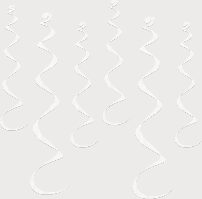 Eight white spiral party decorations arranged in two columns on a plain white background.
