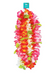 A multi-strand Hawaiian-style flower lei garland with pink, red, orange, and white blossoms accented by green leaves, hanging from a teal retail header card on a white background.