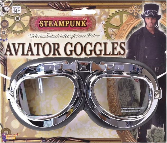 Steampunk aviator goggles with a shiny chrome frame and dark gray ear cushions, displayed on its themed retail packaging featuring a steampunk character and gears.