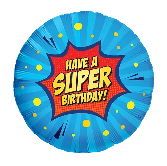 A round foil balloon with a comic book style design, featuring a blue background with yellow dots and a red starburst in the center that reads 'HAVE A SUPER BIRTHDAY!' in yellow letters.
