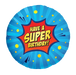 A round foil balloon with a comic book style design, featuring a blue background with yellow dots and a red starburst in the center that reads 'HAVE A SUPER BIRTHDAY!' in yellow letters.