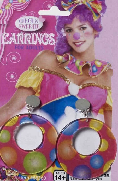 Packaged Circus Sweetie Earrings for Adults, featuring colorful circular hoop earrings with a polka-dot pattern on a pink card with a model illustration.