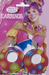 Packaged Circus Sweetie Earrings for Adults, featuring colorful circular hoop earrings with a polka-dot pattern on a pink card with a model illustration.