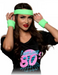 A women wearing a 80's costume featuring an 80's headband set in neon green.