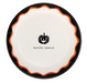 A round paper plate with a black rim, an orange scalloped inner rim, and a white center featuring a black jack-o'-lantern graphic and the text 'spooky season'.