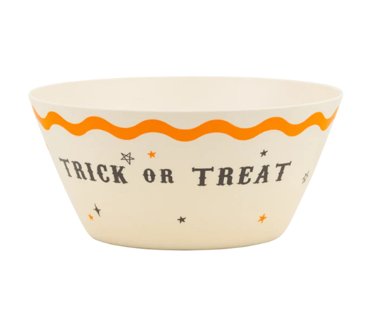 Round white bowl with orange rim and Halloween-themed design with "Trick or Treat" words, on a white background