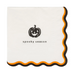 A square white paper napkin with scalloped edges, featuring a black jack-o'-lantern graphic and the text 'spooky season' in the center, with an orange and black scalloped border.