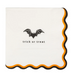 A square white paper napkin with scalloped edges, featuring a black bat graphic and the words 'trick or treat' in black text. The napkin is decorated with an orange and black scalloped border.