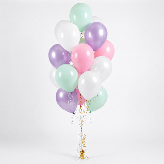 Butterfly Shimmer themed balloon bouquet with pastel pink, mint, lilac, and white latex balloons.