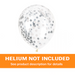 Clear 12-inch latex balloon filled with silver and white confetti dots on a white background plus an orange "Helium Not Included" banner. 