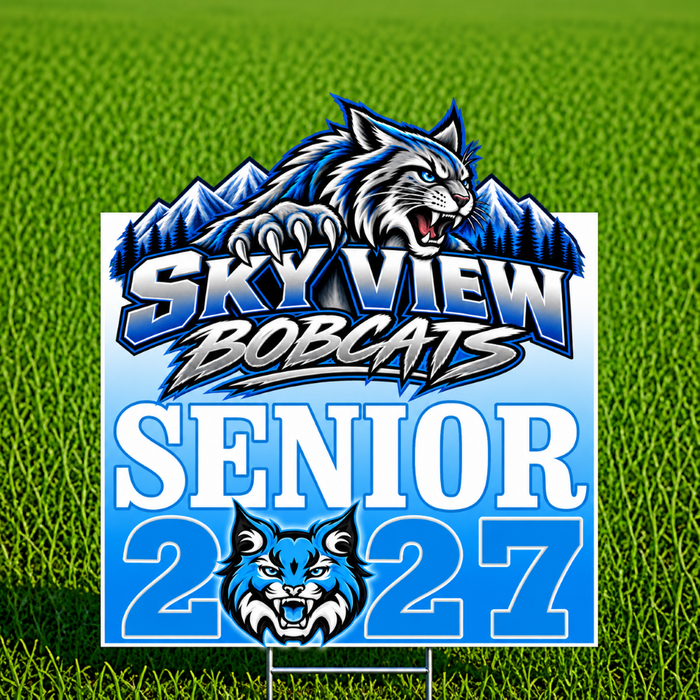 A rectangular yard sign displayed on a green grass field. The sign features a blue and white 'Sky View Bobcats' logo with a bobcat graphic, the word 'SENIOR', and '2027'.