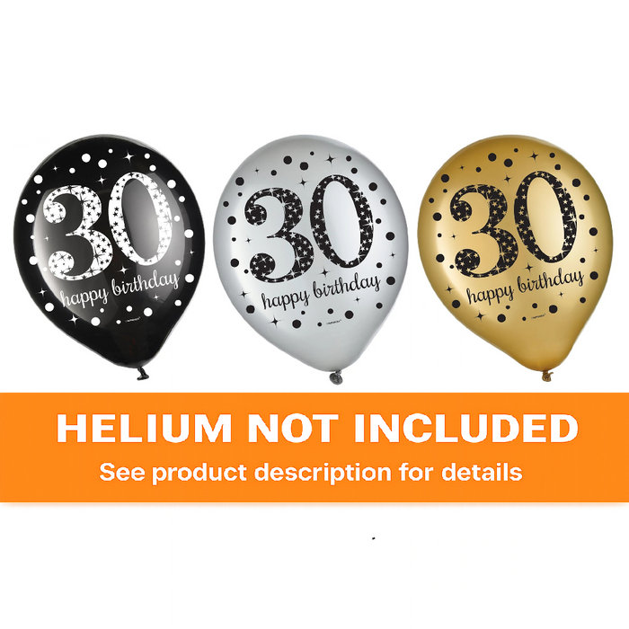 Assorted 30th birthday latex balloons in black, silver, and gold featuring “30” milestone text with star and confetti patterns, shown on with a helium not included banner. 