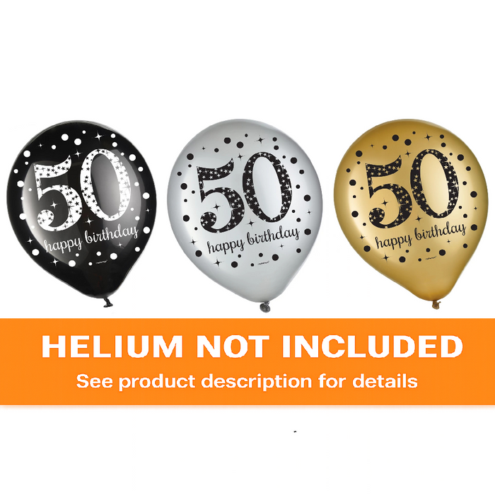 Assorted 50th birthday latex balloons in black, silver, and gold featuring “50” milestone text with star and confetti patterns, shown with a helium not included banner.