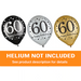Assorted 60th birthday latex balloons in black, silver, and gold with “60” and star patterns, shown with a helium not included banner.
