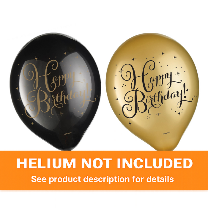 Gold Birthday printed latex balloons in black and metallic gold with “Happy Birthday” and star accents, shown in packaging with helium not included banner, 15-count pack.
