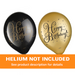 Gold Birthday printed latex balloons in black and metallic gold with “Happy Birthday” and star accents, shown in packaging with helium not included banner, 15-count pack.
