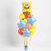 A SpongeBob-themed balloon bouquet featuring a large SpongeBob character foil balloon at the top, surrounded by yellow, pink, coral and blue latex balloons, and three blue star-shaped balloons, on a light gray background.