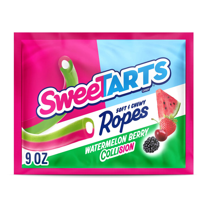 Sweetarts Watermelon & Berry Ropes: chewy candy ropes, pink and green in color. Sold in a 3.5 oz printed bag, printed with the brand name and product.