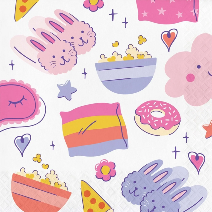A square product shot of a white paper napkin or fabric print featuring a colorful pastel cartoon pattern with bunnies, popcorn bowls, stars, hearts, flowers, and a pink donut.