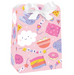 A pink party favor box decorated with cute pastel illustrations including bunnies, popcorn, pizza slices, a donut, stars, and a rainbow flag, topped with a white satin bow.