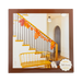 Decorative 'GIVE THANKS' banner on a staircase with fall leaves, framed by a brown border.